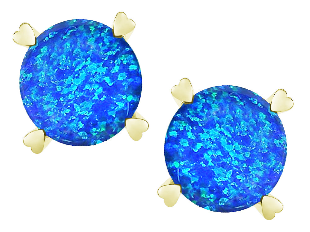 Star K Round 7mm Created Blue Opal Push Back Stud Earrings with Heart Prongs