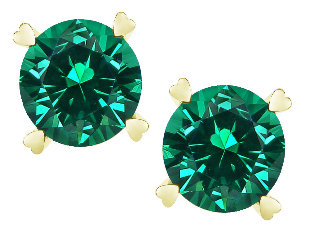 Star K Round 7mm Simulated Emerald Push Back Stud Earrings with Heart Prongs