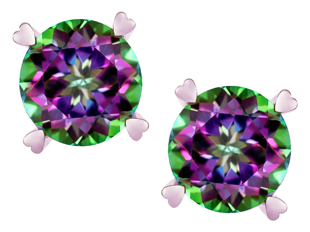 Star K Round 7mm Rainbow Mystic Topaz Push Back Stud Earrings with Heart Prongs