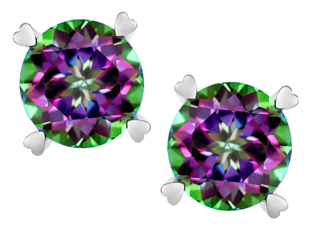 Star K Round 7mm Rainbow Mystic Topaz Screw Back Stud Earrings with Heart Prongs
