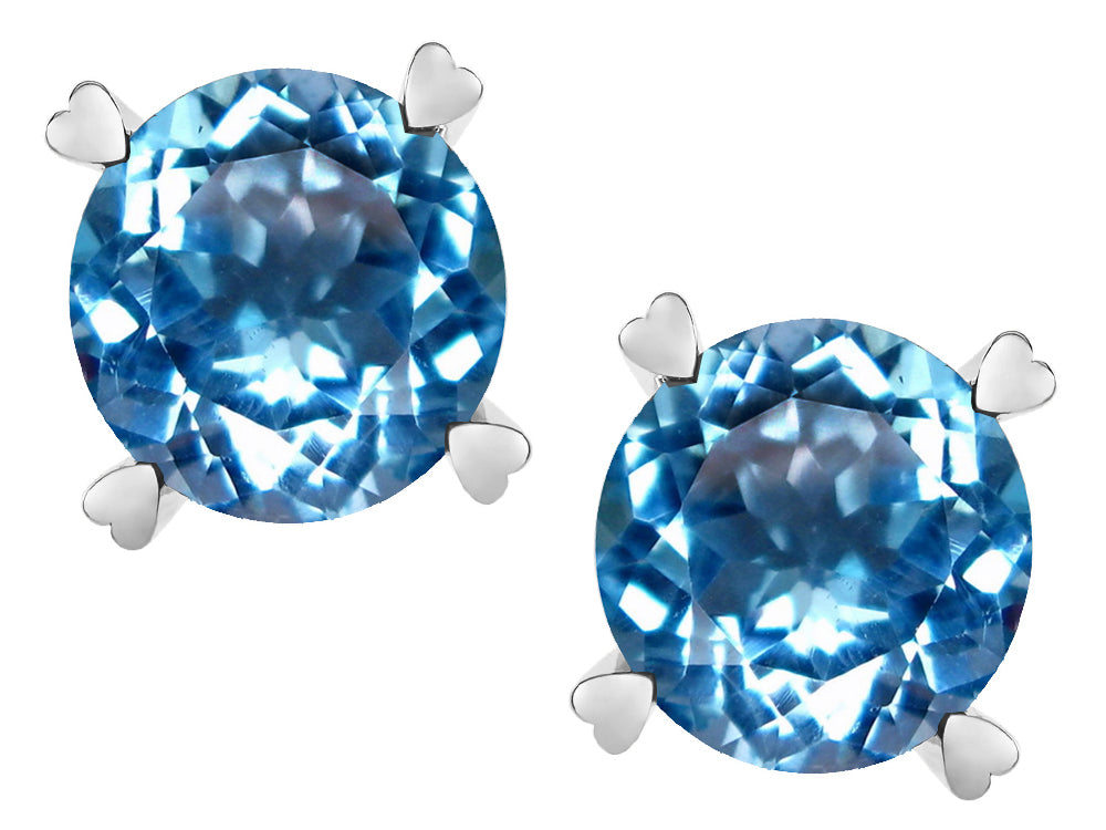 Star K Round 7mm Genuine Blue Topaz Screw Back Stud Earrings with Heart Prongs