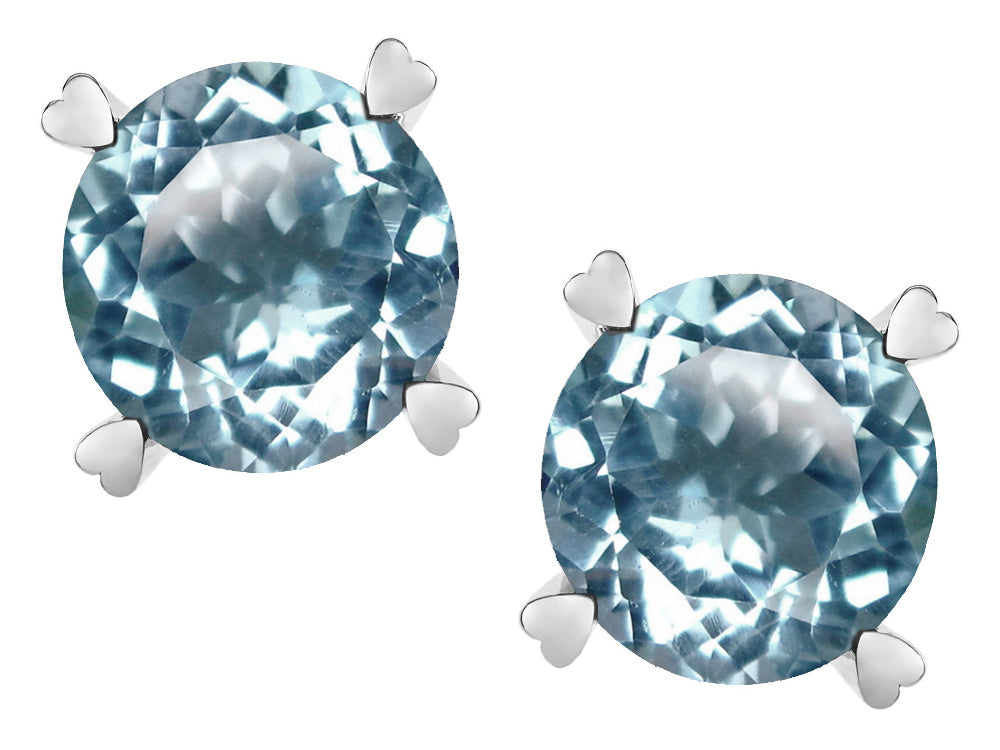 Star K Round 7mm Genuine Sky Blue Topaz Screw Back Stud Earrings with Heart Prongs