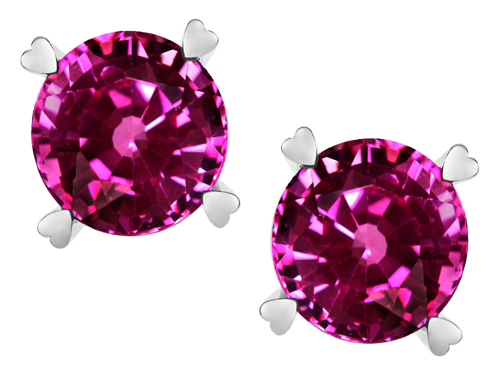 Star K Round 7mm Simulated Pink Tourmaline Screw Back Stud Earrings with Heart Prongs
