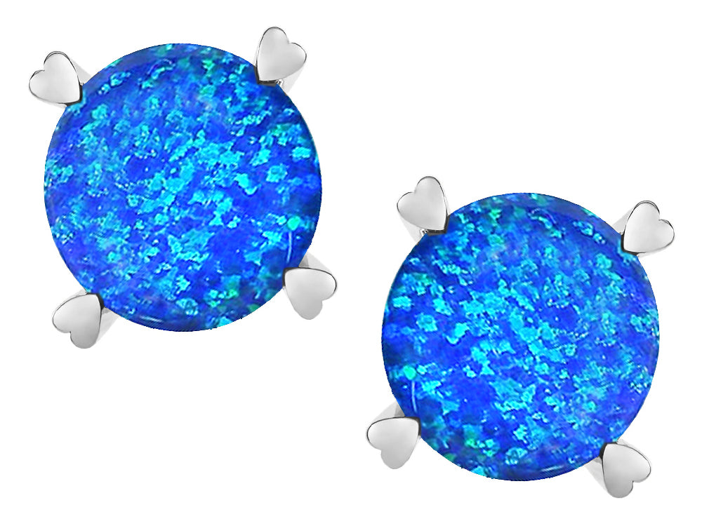 Star K Round 7mm Created Blue Opal Screw Back Stud Earrings with Heart Prongs