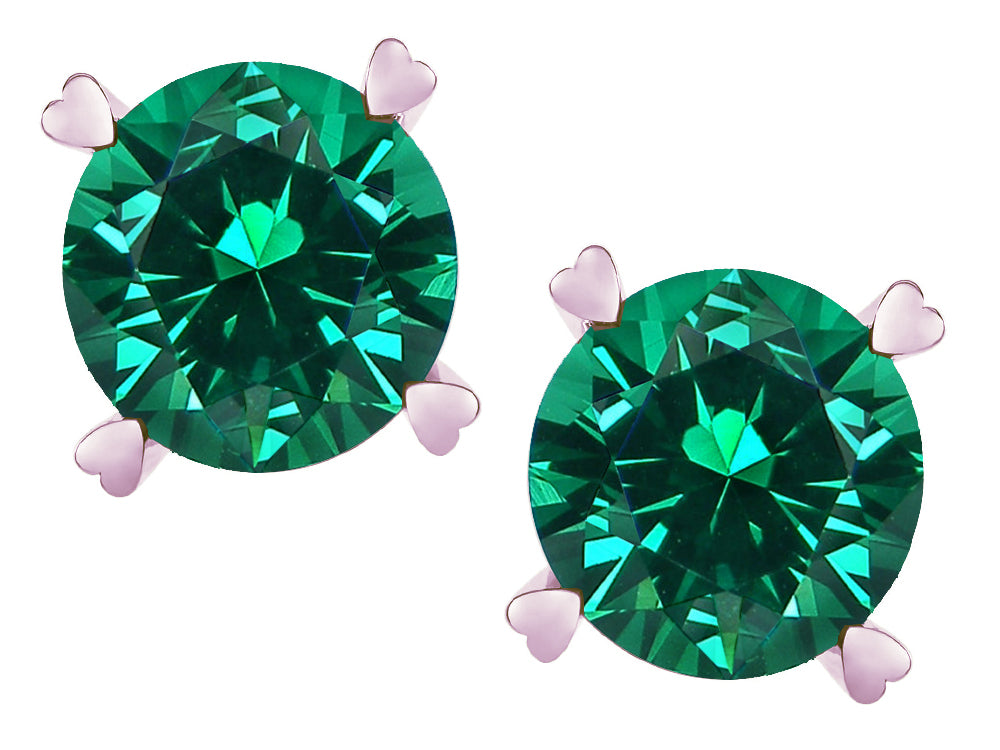 Star K Round 7mm Simulated Emerald Screw Back Stud Earrings with Heart Prongs