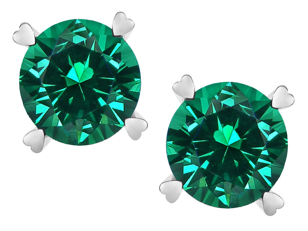 Star K Round 7mm Simulated Emerald Screw Back Stud Earrings with Heart Prongs