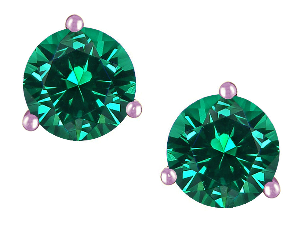 Star K Round 6mm Simulated Emerald Three 3 prong Martini push back Stud earrings