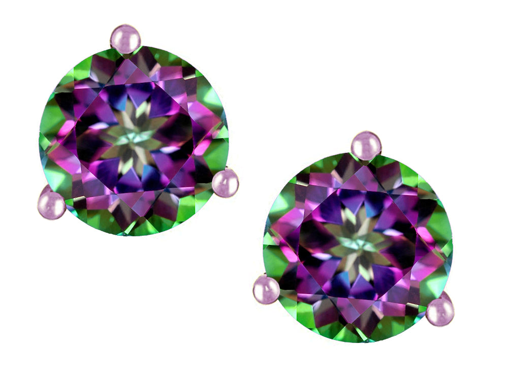 Star K Round 7mm Rainbow Mystic Topaz Three 3 prong Martini push back Stud earrings