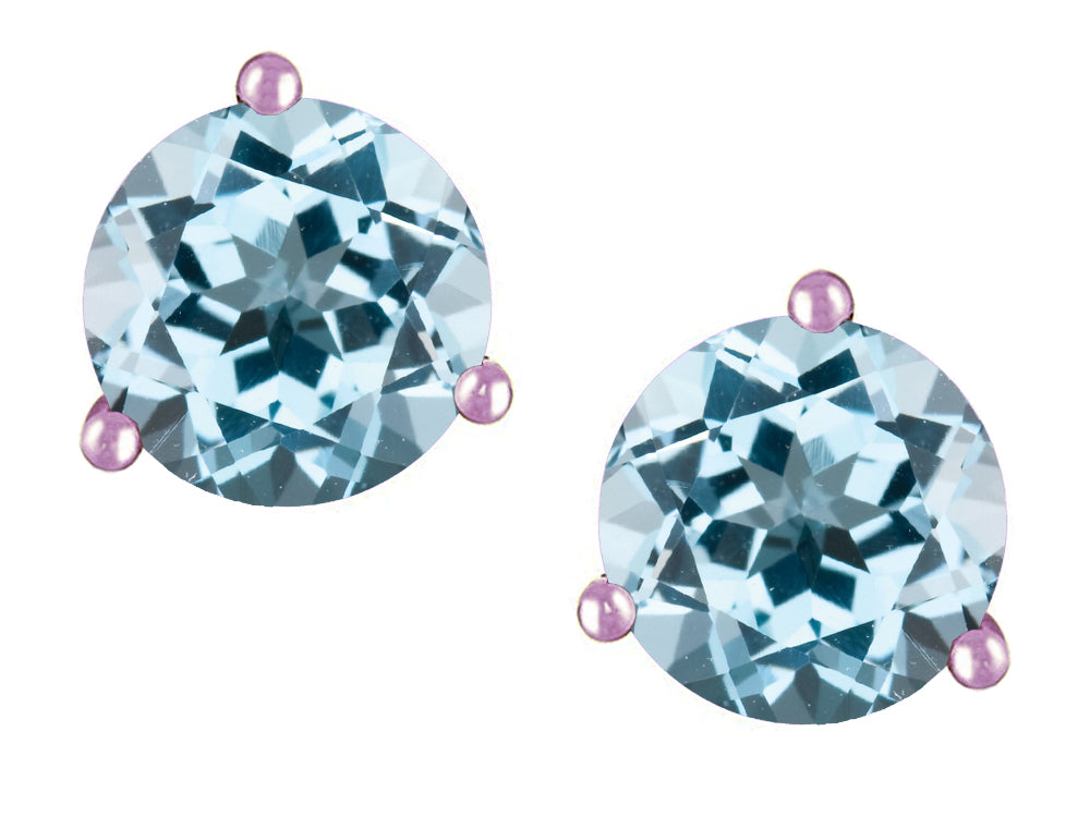 Star K Round 7mm Simulated Aquamarine Three 3 prong Martini push back Stud earrings
