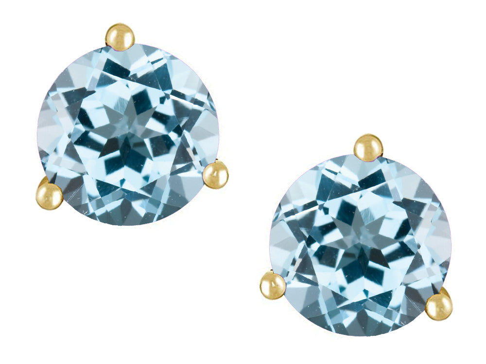 Star K Round 7mm Simulated Aquamarine Three 3 prong Martini push back Stud earrings