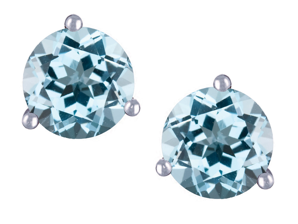 Star K Round 7mm Simulated Aquamarine Three 3 prong Martini push back Stud earrings