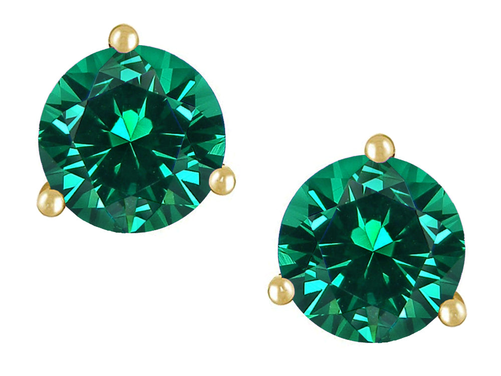 Star K Round 7mm Simulated Emerald Three 3 prong Martini push back Stud earrings