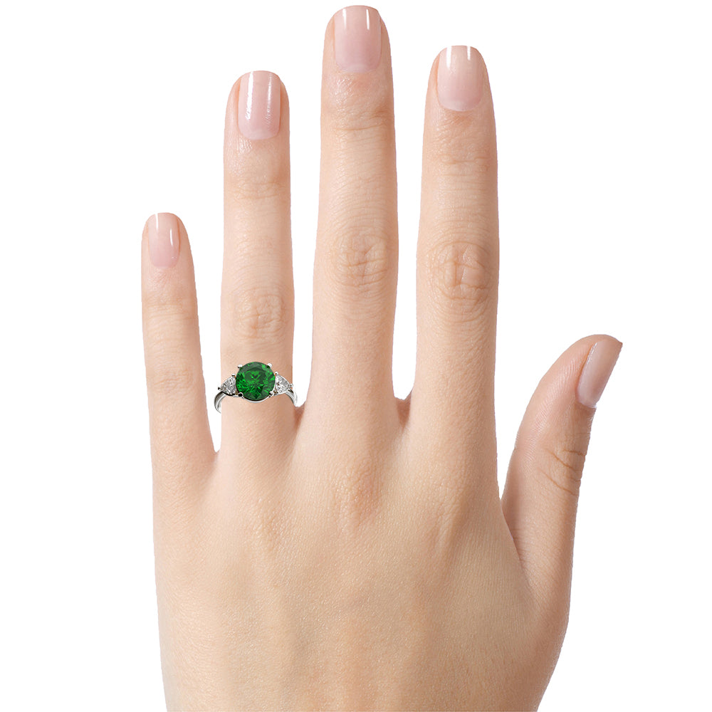 Star K Three 3 Stone 8mm Round Simulated Emerald Trillion Engagement Promise Comfort fit Ring