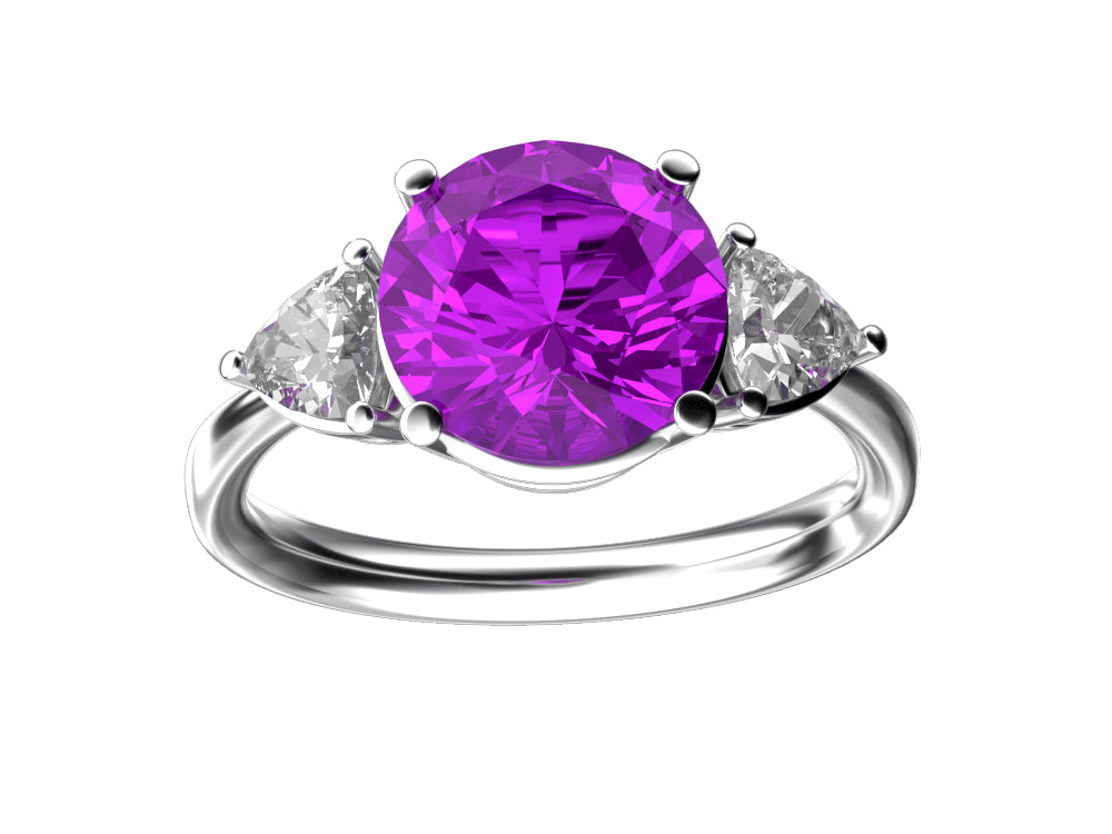 Star K™ Three 3 Stone 8mm Round Simulated Pink Tourmaline Trillion Engagement Promise Comfort fit Ring
