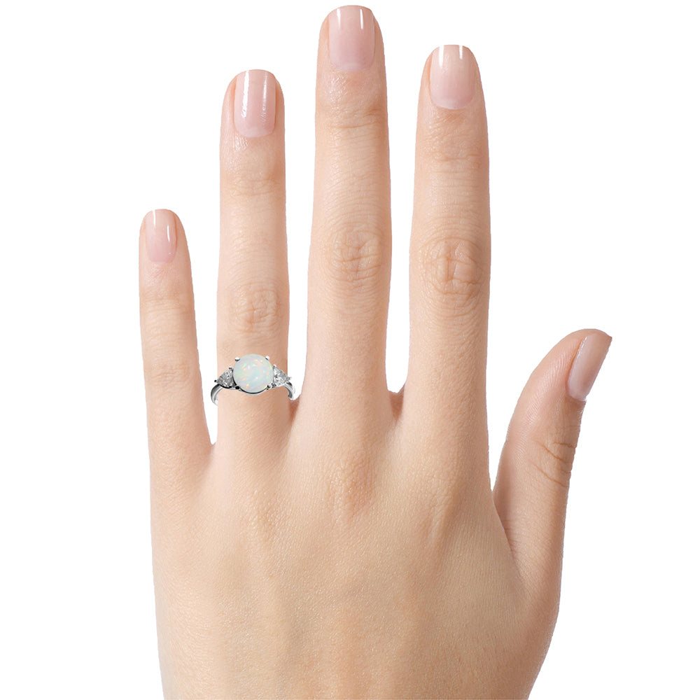 Star K Three 3 Stone 8mm Round Genuine Opal Trillion Engagement Promise Comfort fit Ring