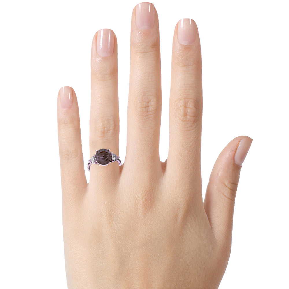Star K Three 3 Stone 8mm Round Genuine Smoky Quartz Trillion Engagement Promise Comfort fit Ring
