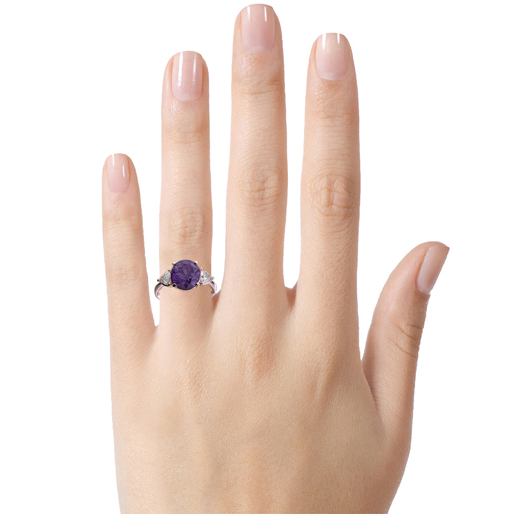 Star K Three 3 Stone 8mm Round Simulated Alexandrite Trillion Engagement Promise Comfort fit Ring