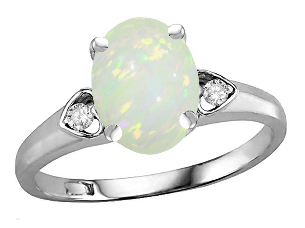 Star K™ Oval 9x7 Genuine Opal Three 3 Stone Heart Engagement Promise Wedding Ring