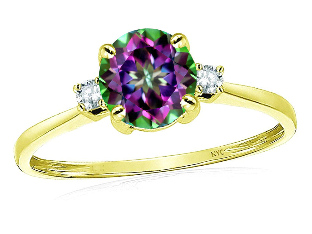 Star K™ 7mm Round Rainbow Mystic Topaz Classic Three 3 stone Engagement Promise Wedding Ring