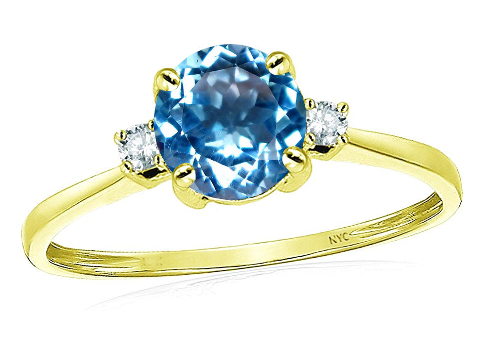 Star K™ 7mm Round Genuine Blue Topaz Classic Three 3 stone Engagement Promise Wedding Ring