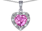 Star K 10k White Gold Heart Shape Created Pink Sapphire Halo Pendant Necklace