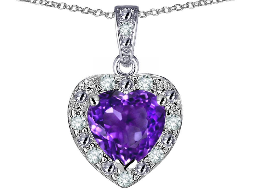 Star K 10k White Gold Heart Shape Genuine Amethyst Halo Pendant Necklace