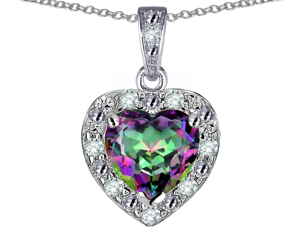 Star K 10k White Gold Heart Shape Rainbow Mystic Topaz Halo Pendant Necklace