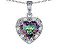 Star K 10k White Gold Heart Shape Rainbow Mystic Topaz Halo Pendant Necklace