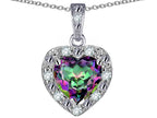 Star K 10k White Gold Heart Shape Rainbow Mystic Topaz Halo Pendant Necklace