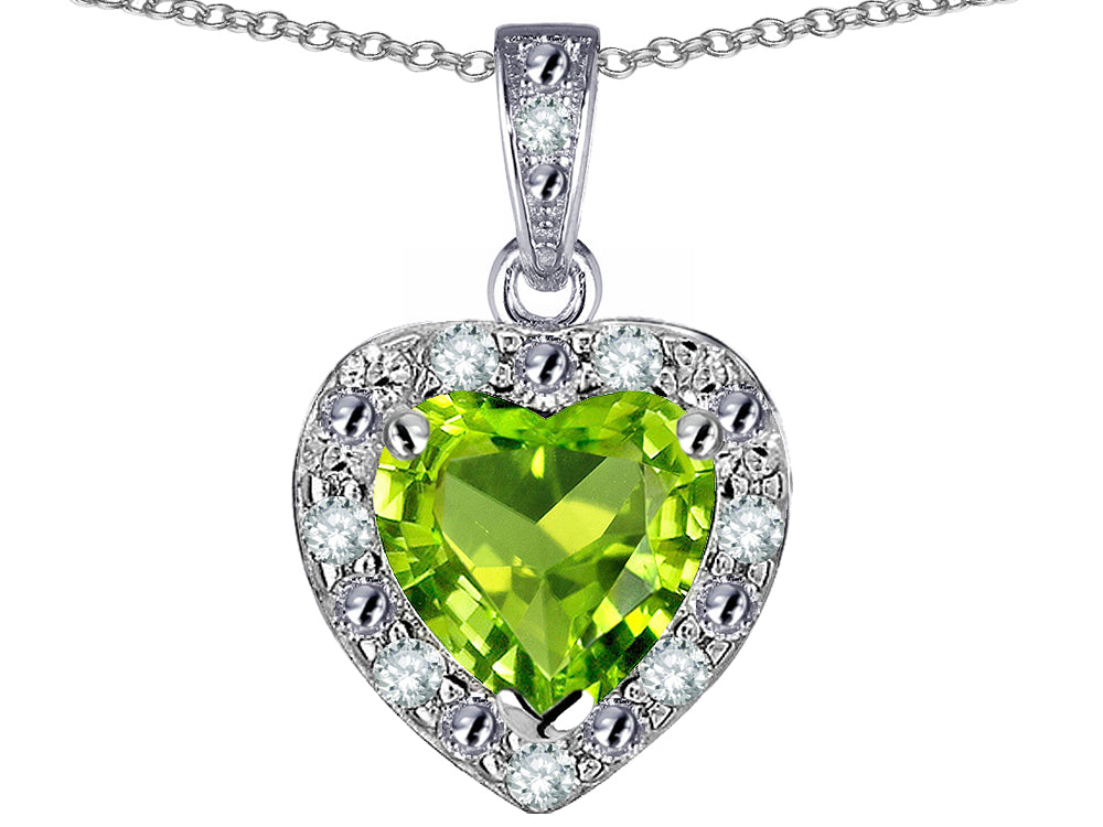 Star K 10k White Gold Heart Shape Genuine Peridot Halo Pendant Necklace