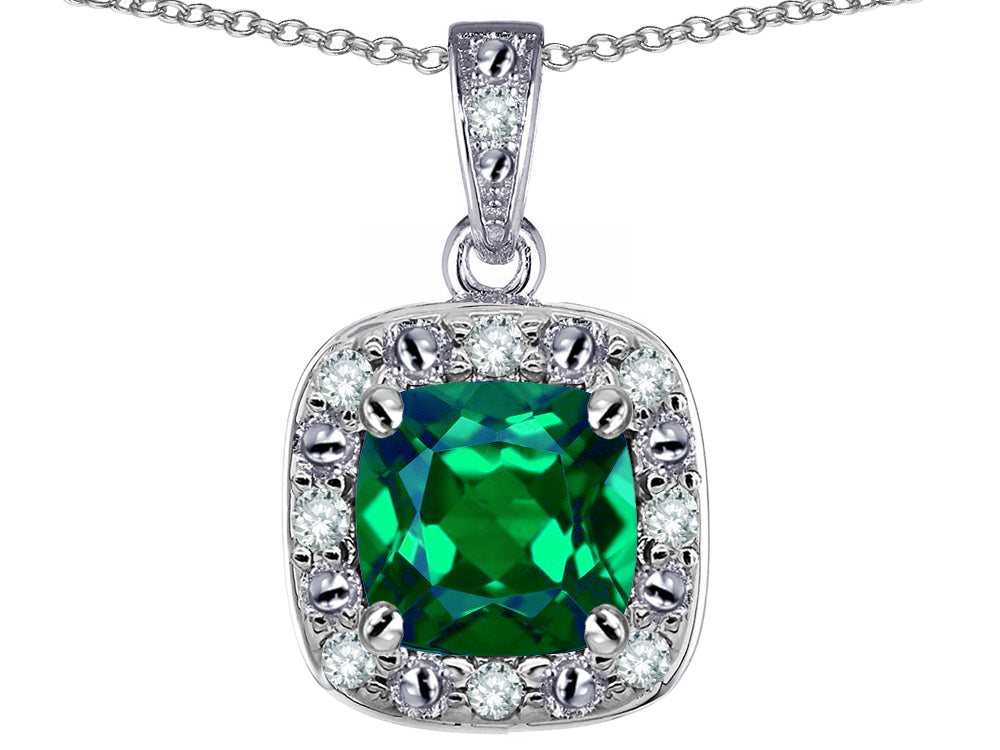 Star K 10k White Gold Cushion-Cut Simulated Emerald Halo Pendant Necklace