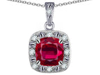 Star K 10k White Gold Cushion-Cut Created Ruby Halo Pendant Necklace