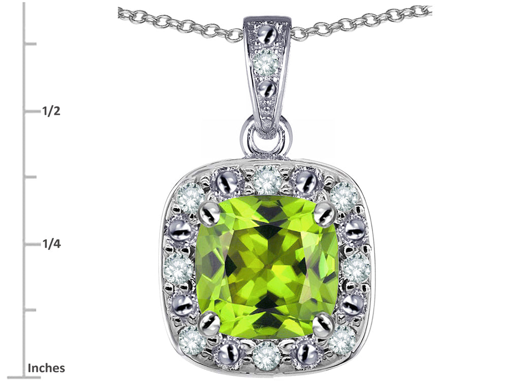Star K 10k White Gold Cushion-Cut Genuine Peridot Halo Pendant Necklace