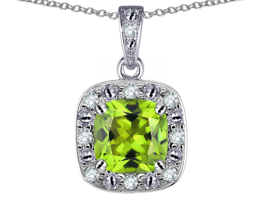 Star K 10k White Gold Cushion-Cut Genuine Peridot Halo Pendant Necklace
