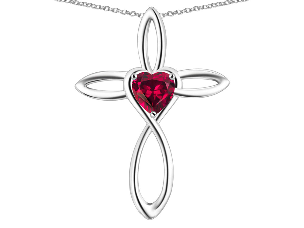 Star K 14k Gold Infinity Love Cross with Created Ruby Heart Stone Pendant Necklace
