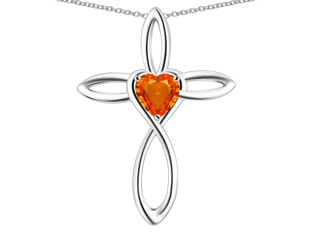 Star K 14k Gold Infinity Love Cross with Simulated Fire Opal Heart Stone Pendant Necklace