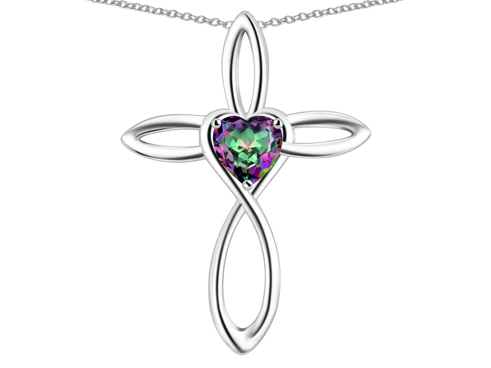 Star K 14k Gold Infinity Love Cross with Rainbow Mystic Topaz Heart Stone Pendant Necklace