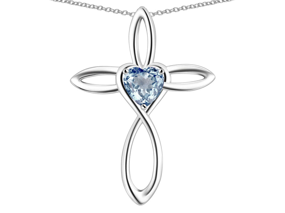 Star K 10k Gold Infinity Love Cross with Genuine Sky Blue Topaz Heart Stone Pendant Necklace