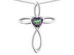 Star K 10k Gold Infinity Love Cross with Rainbow Mystic Topaz Heart Stone Pendant Necklace