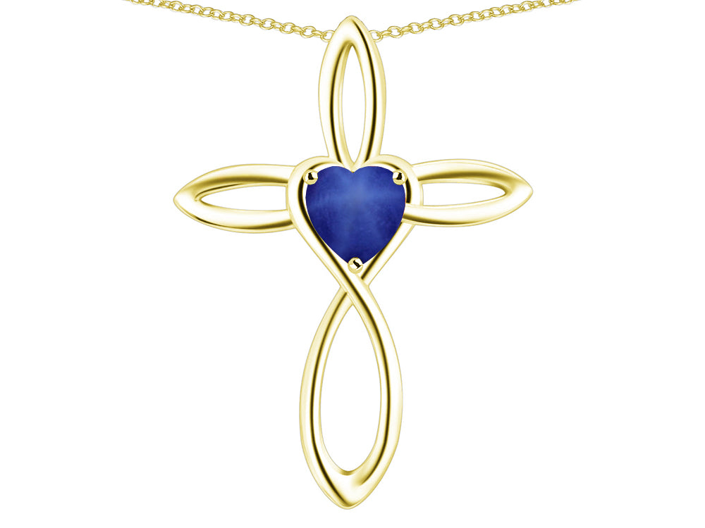 Star K 14k Gold Infinity Love Cross with Created Star Sapphire Heart Stone Pendant Necklace