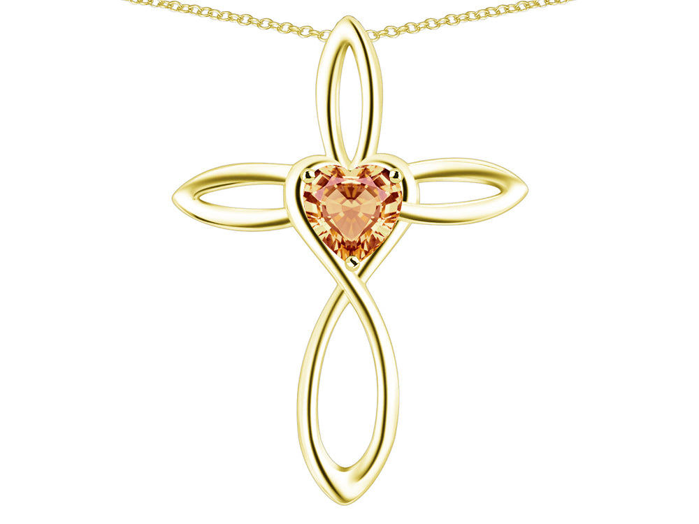Star K 14k Gold Infinity Love Cross with Simulated Imperial Yellow Topaz Heart Stone Pendant Necklace