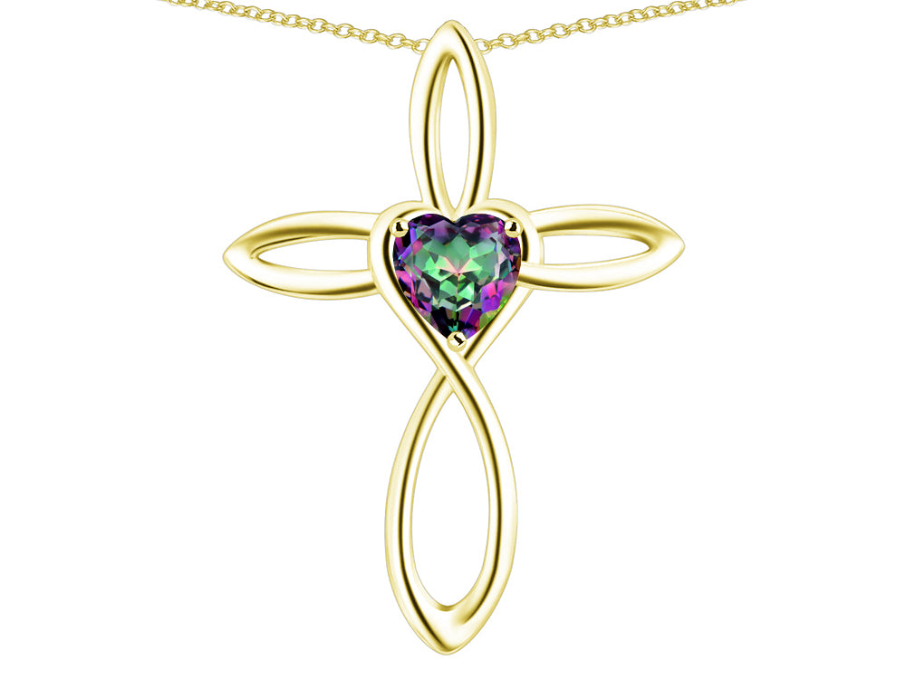 Star K 14k Gold Infinity Love Cross with Rainbow Mystic Topaz Heart Stone Pendant Necklace