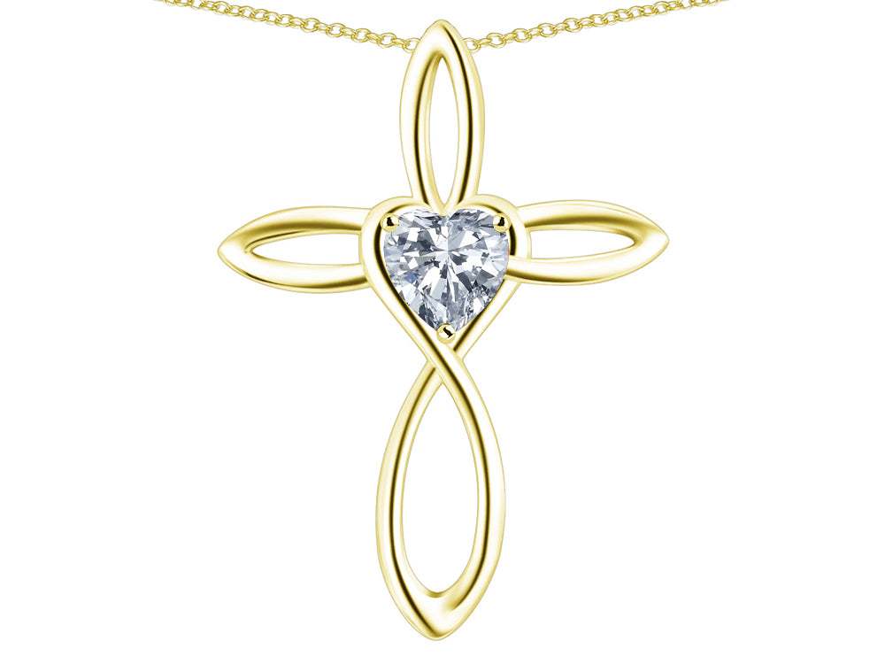 Star K 14k Gold Infinity Love Cross with Genuine White Topaz Heart Stone Pendant Necklace