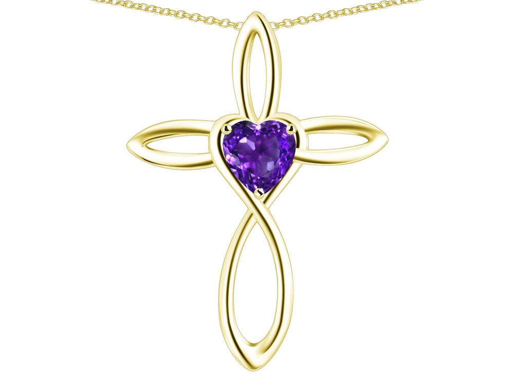 Star K 10k Gold Infinity Love Cross with Genuine Amethyst Heart Stone Pendant Necklace
