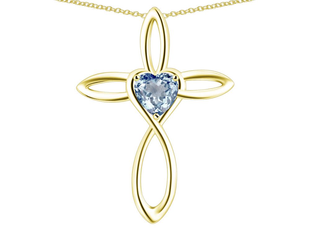 Star K 10k Gold Infinity Love Cross with Genuine Sky Blue Topaz Heart Stone Pendant Necklace