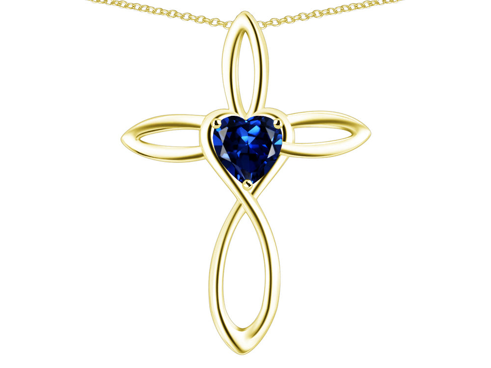 Star K 10k Gold Infinity Love Cross with Created Sapphire Heart Stone Pendant Necklace