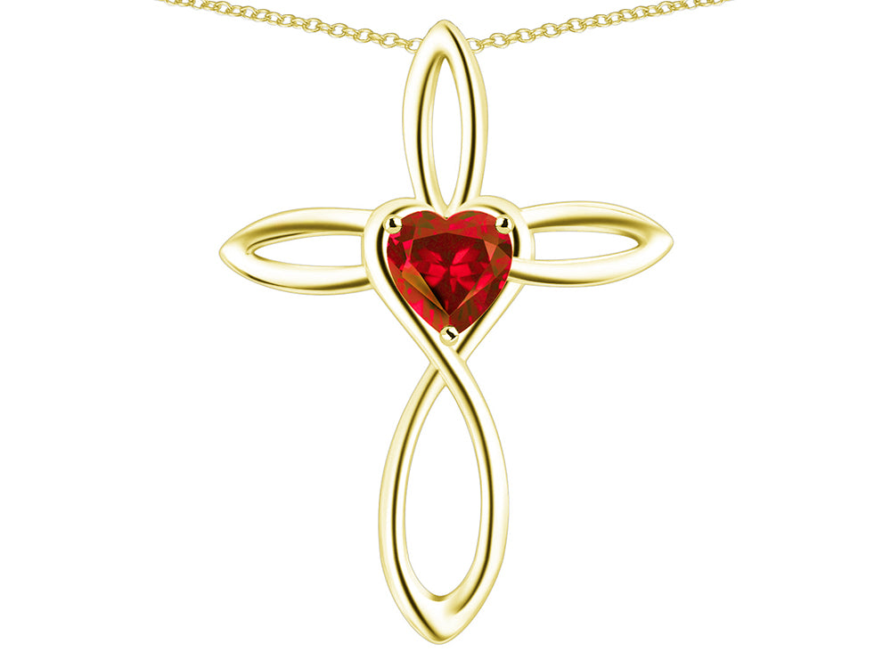 Star K 10k Gold Infinity Love Cross with Created Ruby Heart Stone Pendant Necklace