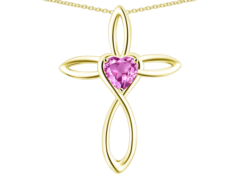 Star K 10k Gold Infinity Love Cross with Created Pink Sapphire Heart Stone Pendant Necklace