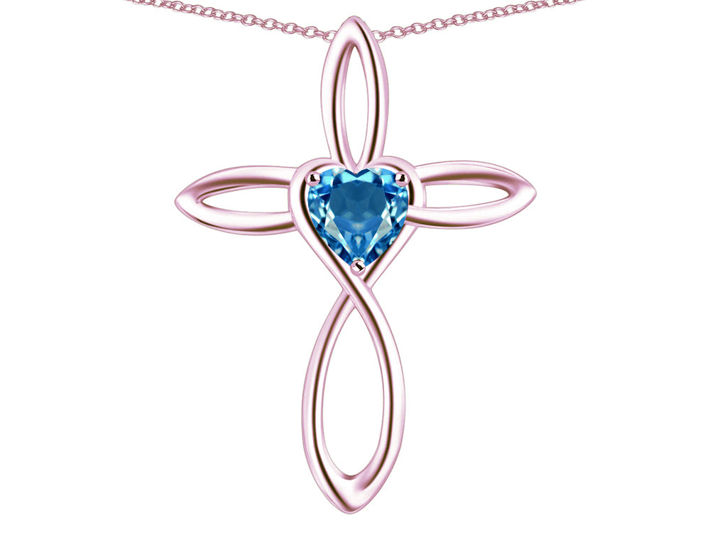 Star K 14k Gold Infinity Love Cross with Genuine Blue Topaz Heart Stone Pendant Necklace