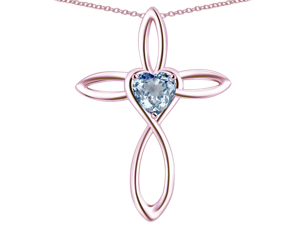 Star K 14k Gold Infinity Love Cross with Genuine Sky Blue Topaz Heart Stone Pendant Necklace